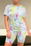 Orange Brown Casual Foral Print O Neck Short Sleeve Oversize T-shirt And Shorts Two Pieces Shorts Sets