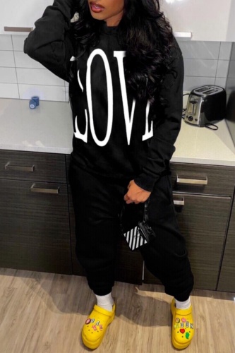 Black Letter Print Long Sleeve Hooded  Sweatshirt And Pants Casual Sportwear Two Piece Jogger Set