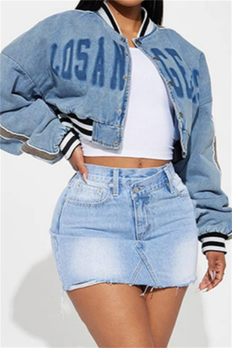 Blue Casual Letters Print Long Sleeve Denim Crop Jackets