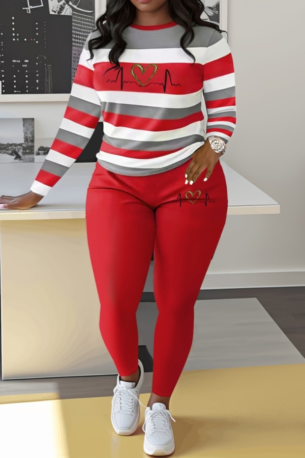 Red Stripe Print O Neck Long Sleeve Oversize Tops And Skinny Pants Sportwear Casual Two Pieces Sweatpant Sets