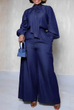 Blue Knotted Half A Turtleneck Long Sleeve Blouse And Wide Leg Pants Vacation Two Pieces Trouser Sets