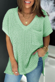 White Casual V Neck Short Sleeve Hollowed Out Pocket Knitted Crochet T-shirt