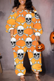 Orange White Casual Halloween Pumpkin Skull Print Off Shoulder Lantern Sleeve Harem Leg Jumpsuits