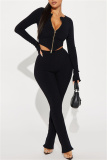 Apricot Casual Zipper Collar Long Sleeve Crop Jackets And Skinny Pants Sportwear Two Pieces Jogger Sets