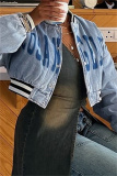 Blue Casual Letters Print Long Sleeve Denim Crop Jackets