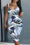 Dark Blue Casual Graphics Print U Neck Sleeveless Vacation Bodycon Midi Tank Dress