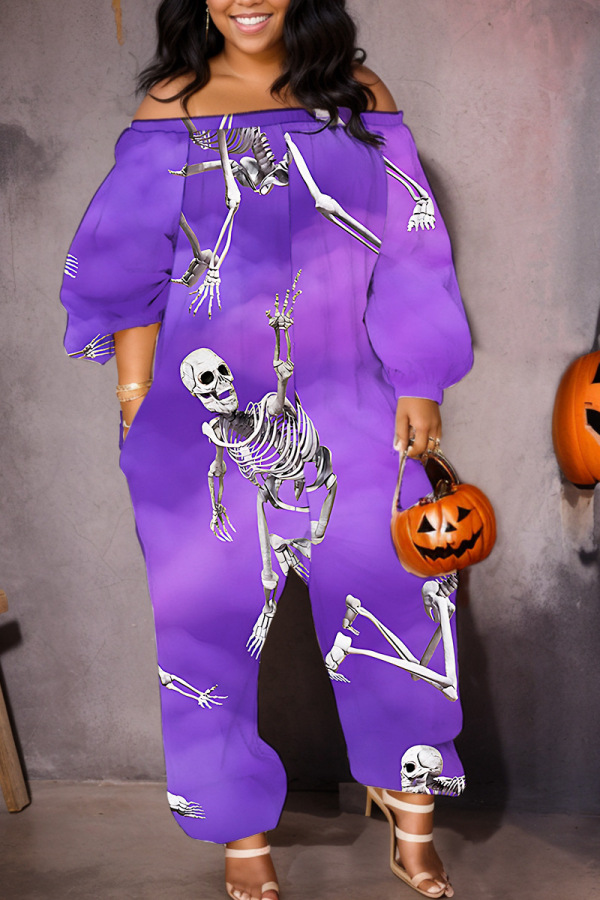 Multicolor Halloween Pumpkin Skull Print Off Shoulder Lantern Sleeve Casual Harem Leg Jumpsuits
