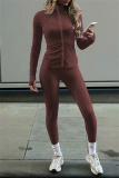 Brown Zipper Collar Long Sleeve Jackets And Skinny Sweatpants Casual Sportswear Two Pieces Jogger Sets