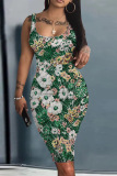 Blue Casual Floral Print U Neck Sleeveless Vacation Bodycon Midi Tank Dress