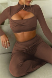 Brown Casual Backless Long Sleeve Hollow Out Halter Crop Tops And Flare Leg Pants Two Pieces Trouser Sets