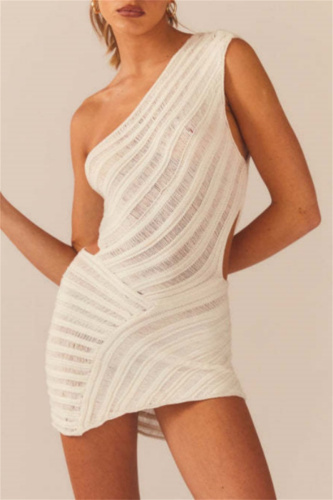Black Casual Sleeveless Backless Oblique Collar Hollow Out Wrapped Skirt Bodycon Mini Dresses