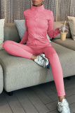 Brown Zipper Collar Long Sleeve Jackets And Skinny Sweatpants Casual Sportswear Two Pieces Jogger Sets