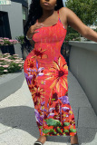 White Floral Print Sleeveless Backless Spaghetti Strap U Neck Vacation Bodycon Maxi Slip Dress