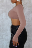 Black Backless U Neck Long Sleeve Slim Fitted Crop Tops