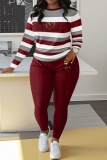 Red Stripe Print O Neck Long Sleeve Oversize Tops And Skinny Pants Sportwear Casual Two Pieces Sweatpant Sets