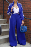 Grey Casual Stripe Print Pocket Zipper Collar Long Sleeve Crop Jackets And Wide Leg Pants Sportwear Two Pieces Jogger Sets