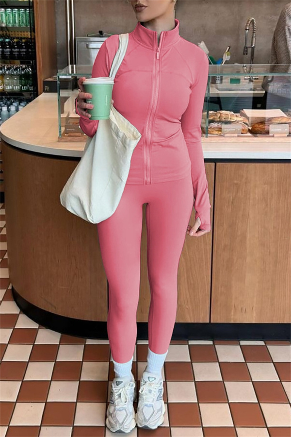 Brown Zipper Collar Long Sleeve Jackets And Skinny Sweatpants Casual Sportswear Two Pieces Jogger Sets