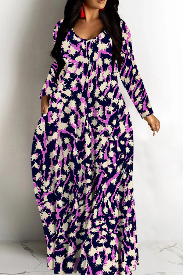 Off White Casual Graphics Print O Neck Long Sleeve Straight Loose Vacation Plus Size Maxi Dresses