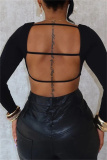 Black Backless U Neck Long Sleeve Slim Fitted Crop Tops