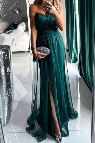 Dark Green Prom Mesh Sloping Shoulder Slit  Formal Evening Party Wedding Maxi Dress