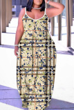 Dark Apricot Graphics Print Backless Spaghetti Strap Floor Length Vacation Baggy Sundress Slip Maxi Dress