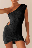 Black Casual Sleeveless Backless Oblique Collar Hollow Out Wrapped Skirt Bodycon Mini Dresses
