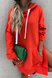 Khaki Casual Long Sleeve Draw String Pocket Fall Winter Long Hooded Sweatshirt