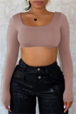 Black Backless U Neck Long Sleeve Slim Fitted Crop Tops