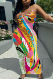 White Floral Print Sleeveless Backless Spaghetti Strap U Neck Vacation Bodycon Maxi Slip Dress