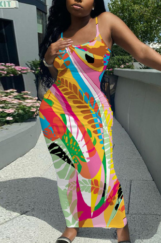 White Floral Print Sleeveless Backless Spaghetti Strap U Neck Vacation Bodycon Maxi Slip Dress