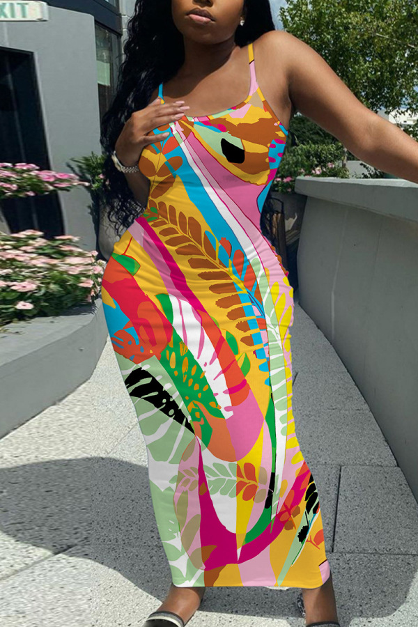 White Floral Print Sleeveless Backless Spaghetti Strap U Neck Vacation Bodycon Maxi Slip Dress