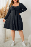 Green Casual Square Neck Long Sleeve Belted Plus Size Knitted Sweater A Line Mini Dresses