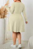 Green Casual Square Neck Long Sleeve Belted Plus Size Knitted Sweater A Line Mini Dresses