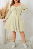 Green Casual Square Neck Long Sleeve Belted Plus Size Knitted Sweater A Line Mini Dresses