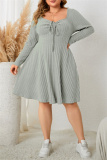 Green Casual Square Neck Long Sleeve Belted Plus Size Knitted Sweater A Line Mini Dresses