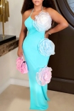 Black 3D Flowers Decor Backless Sleeveless Long Formal Evening Party Bodycon Halter Maxi Dress