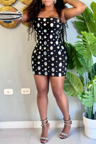 Black Rhinestone Decor Backless Strapless Wrapped Skirt Formal Evening Party Bodycon Tube Mini Dress