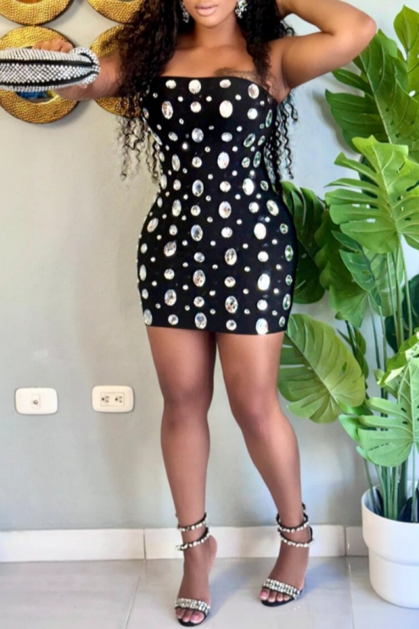 Black Rhinestone Decor Backless Strapless Wrapped Skirt Formal Evening Party Bodycon Tube Mini Dress
