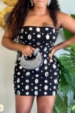 Black Rhinestone Decor Backless Strapless Wrapped Skirt Formal Evening Party Bodycon Tube Mini Dress