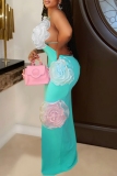 Black 3D Flowers Decor Backless Sleeveless Long Formal Evening Party Bodycon Halter Maxi Dress