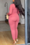 Pink Deep V Neck Long Sleeve Cross Straps Blouse And Skinny Pants Formal Office Lady Two Pieces Trouser Sets