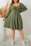 Green Casual Square Neck Long Sleeve Belted Plus Size Knitted Sweater A Line Mini Dresses