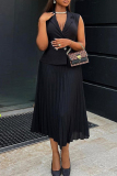 Black Casual Turndown Collar Buttons Sleeveless Blazer Vest And Pleated Midi Skirts Formal Office Lady Two Pieces Suit Set