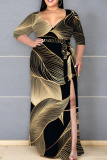 Navy Blue Casual Graphics Print V Neck Half Sleeve With Belt Ankle Length Vacation Loose Straight A Line Maxi Dress