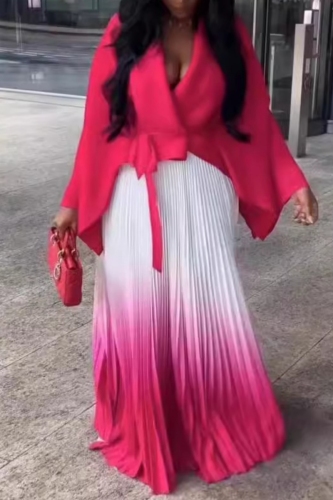 Yellow Casual Gradient Color Cardigan Collar Long Sleeve Belted Blazer And Pleated Maxi Skirt Formal Evening Party Two Pieces Dress Sets