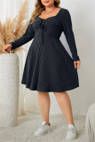 Green Casual Square Neck Long Sleeve Belted Plus Size Knitted Sweater A Line Mini Dresses