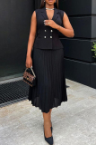 Black Casual Turndown Collar Buttons Sleeveless Blazer Vest And Pleated Midi Skirts Formal Office Lady Two Pieces Suit Set