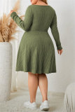 Green Casual Square Neck Long Sleeve Belted Plus Size Knitted Sweater A Line Mini Dresses