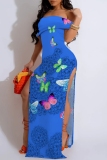 White Graphcis Print Off Shoulder Long Flutter Sleeve Mermaid Hem Side Slit Vacation Boho Style Maxi Dresses