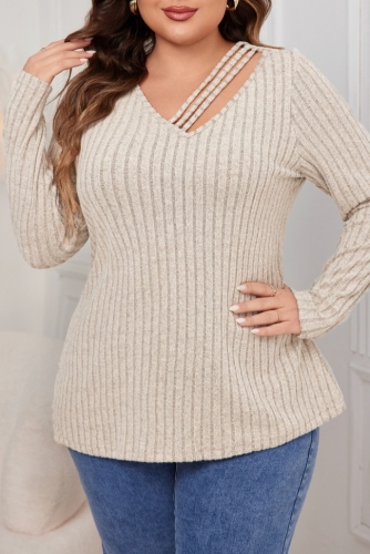 Apricot Casual V Neck Long Sleeve Plus Size Knitted Sweater